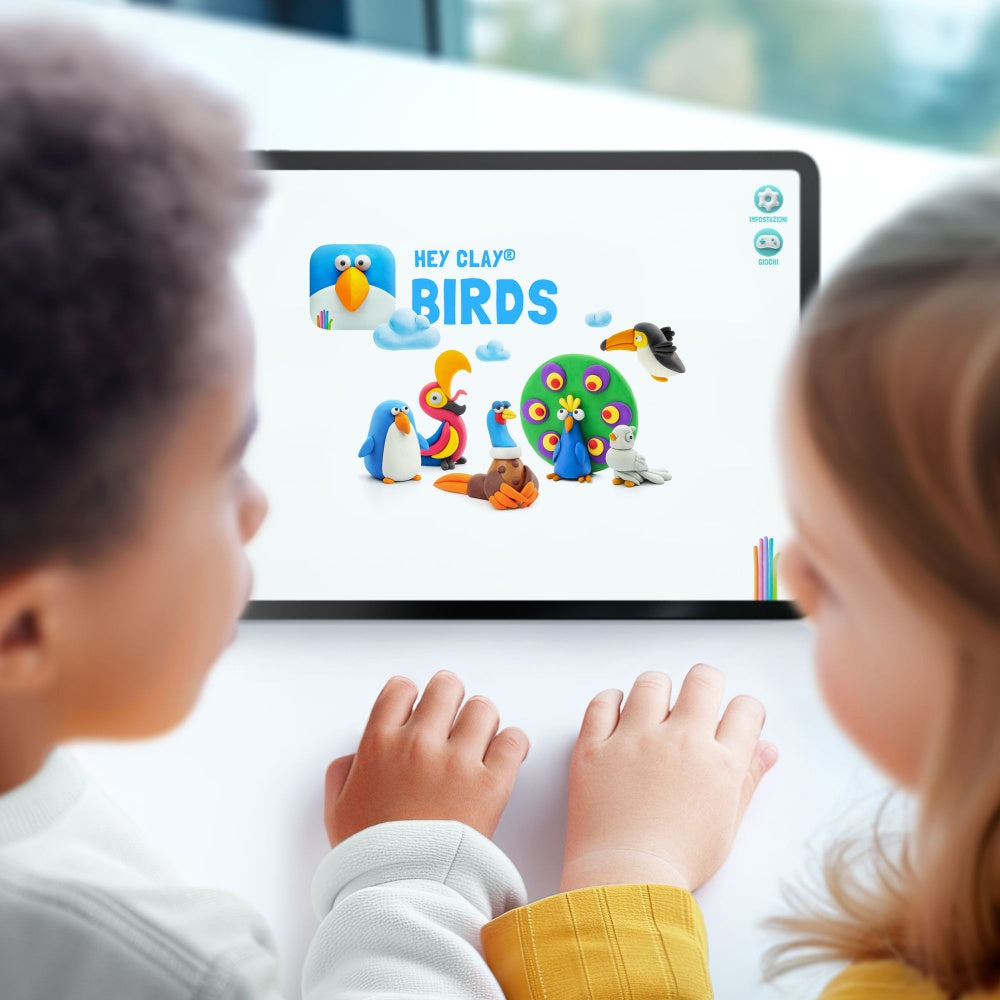 Hey Clay - Modelling Air-Dry Clay with Fun Interactive App - Toucan, Penguin, Peacock, Series Birds, 6 cans