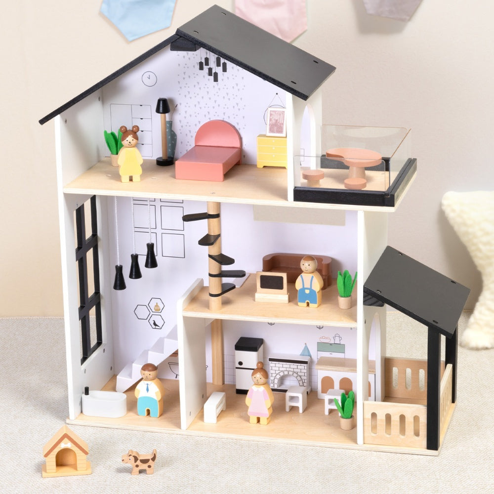TookyToy - Wooden Dollhouse Toy Set with Furniture and Accessories