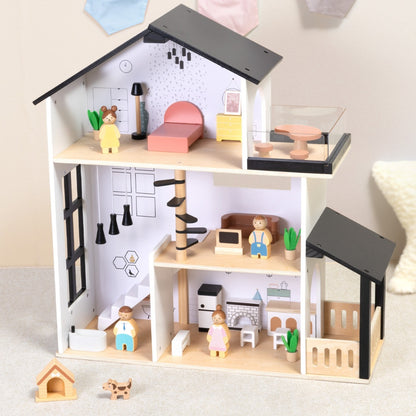 TookyToy - Wooden Dollhouse Toy Set with Furniture and Accessories