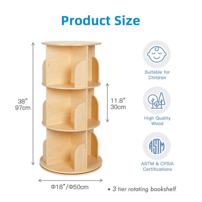 TookyToy - Wooden Rotating Bookshelf, Standing Bookcase for Kids Room