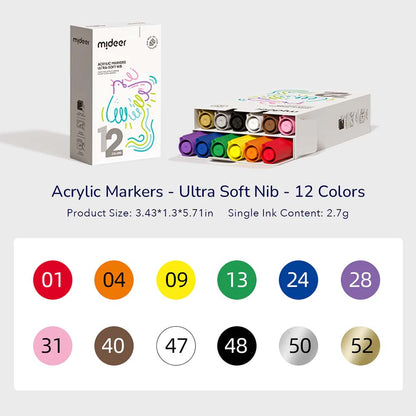 Mideer - Acrylic Markers - Ultra - Soft Nib - 12 Colours