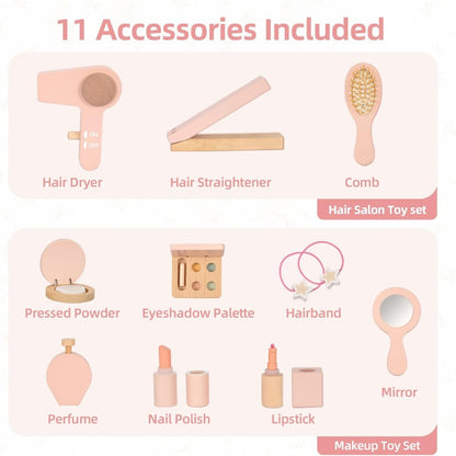 TookyToy - Wooden Dressing Table Role Play Kids with Accesories - 11 Pieces