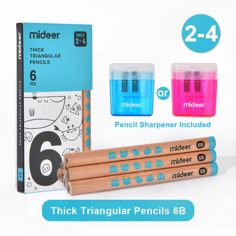 Mideer - Triangular 6B Pencils - 6 Thick Easy Grip Pencils for Early Writing