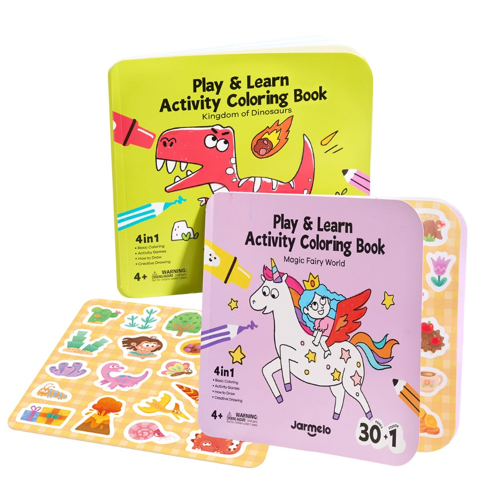 Jar Meló - Play & Learn Colouring Book Set: Dinosaurs & Fairies - 2 Books 60 Pages