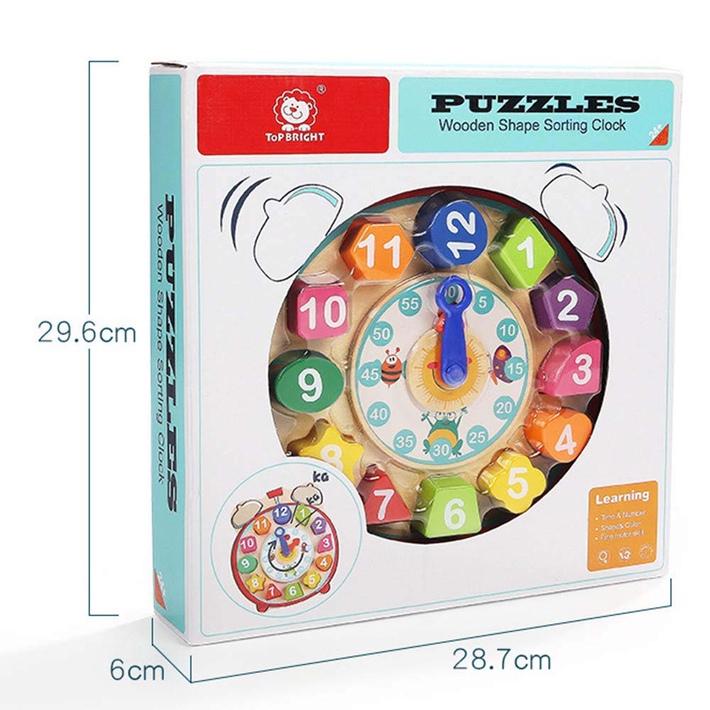 TopBright - Wooden Shape Sorting Clock - Montessori Teaching Time Number Puzzle for Kids