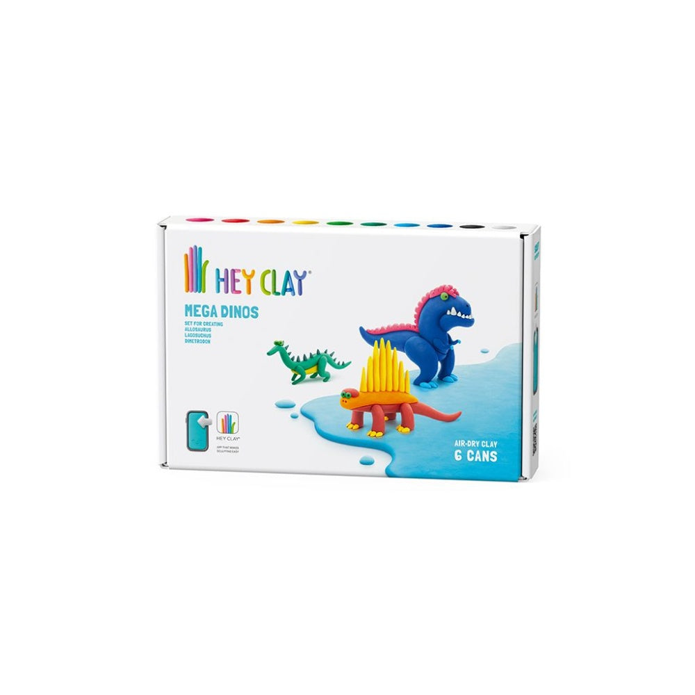 Hey Clay - Modelling Air-Dry Clay with Fun Interactive App - Lagosuchus, Allosaurus, Dimetrodon, Series Mega Dinos, 6 cans