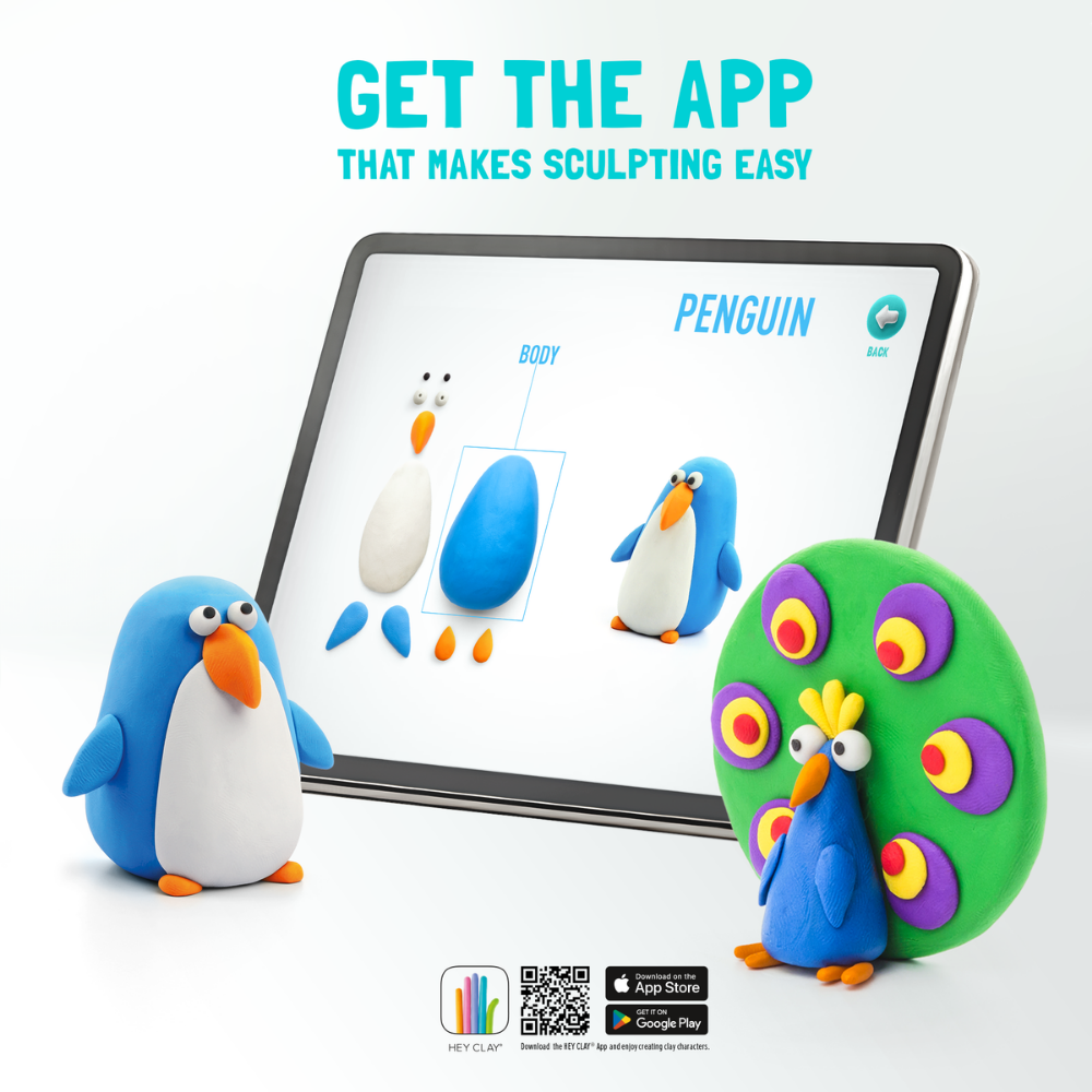 Hey Clay - Modelling Air-Dry Clay with Fun Interactive App - Penguin, series Birds, 3 cans