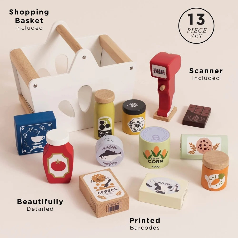 Le Toy Van - Wooden Groceries Set, Shopping Basket and Scanner - 13pcs