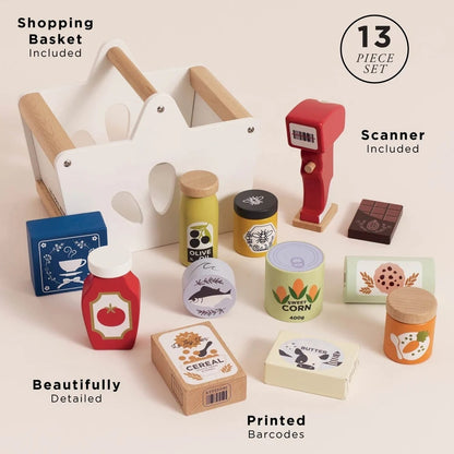 Le Toy Van - Wooden Groceries Set, Shopping Basket and Scanner - 13pcs