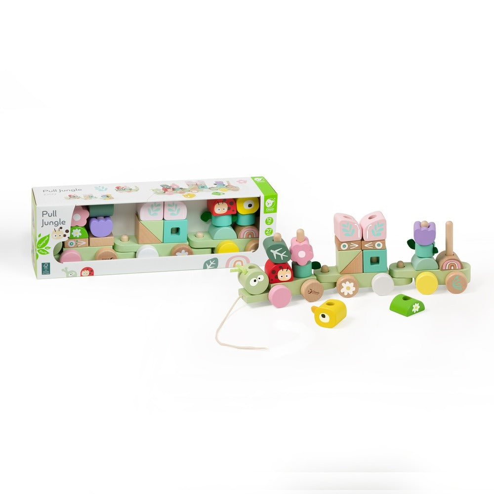 Classic World - Pull Train with Building Blocks - Wooden Jungle - 27pcs
