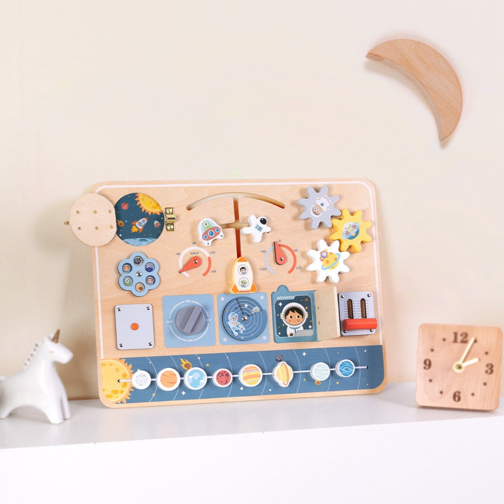 TookyToy - Wooden Space Busy Board - Montessori Activity for Toddlers