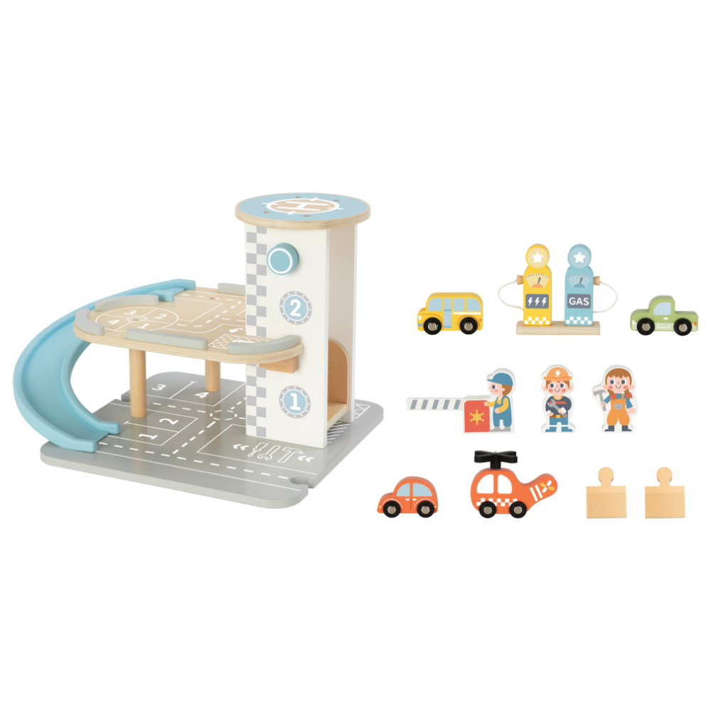 TookyToy - Parking Garage: Wooden Car Ramp Playset - 13pcs