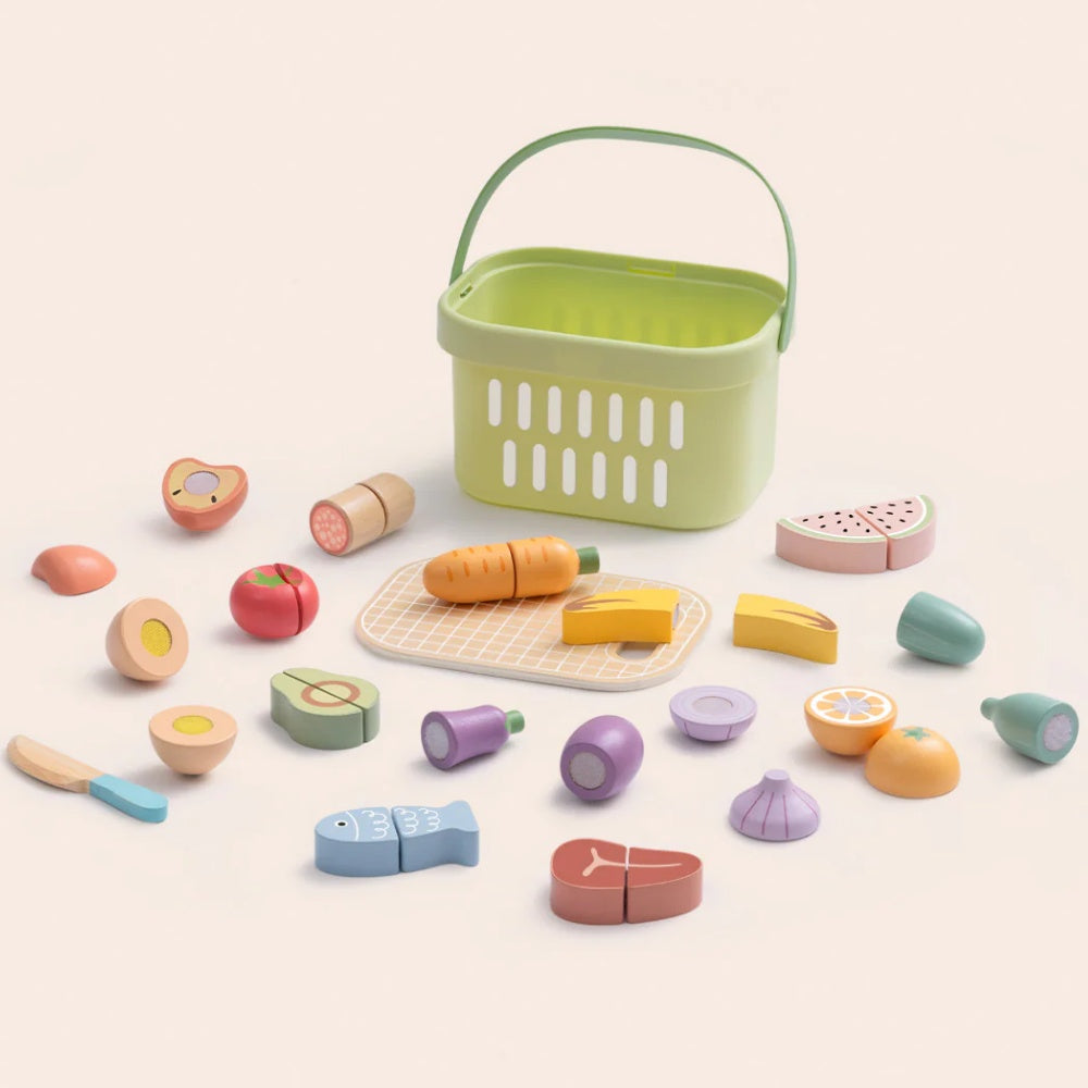 TookyToy - Wooden Cutting Food Play Set in Portable Storage Box - 31 Pieces