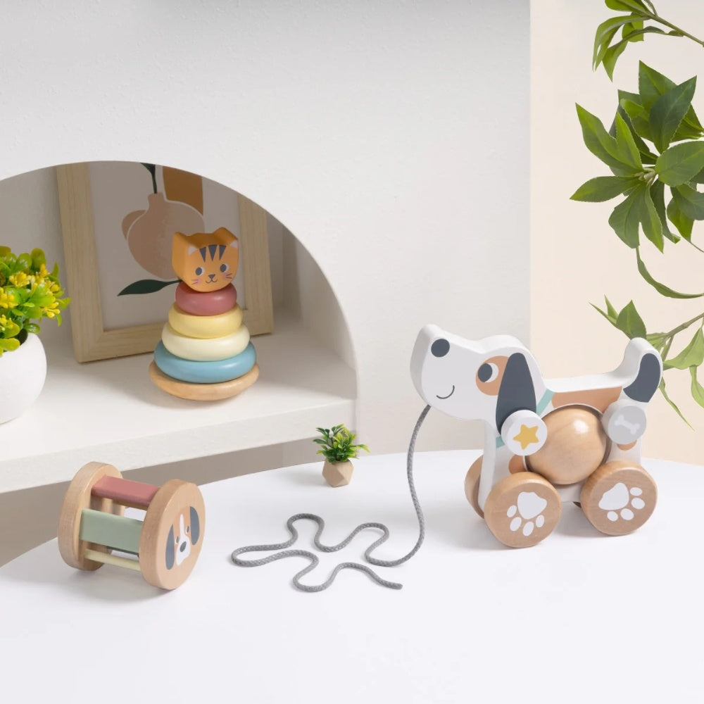 TookyToy - 3-in-1 Wooden Toy Gift Set - Rattle, Stacking Tower and Pull-Along Puppy