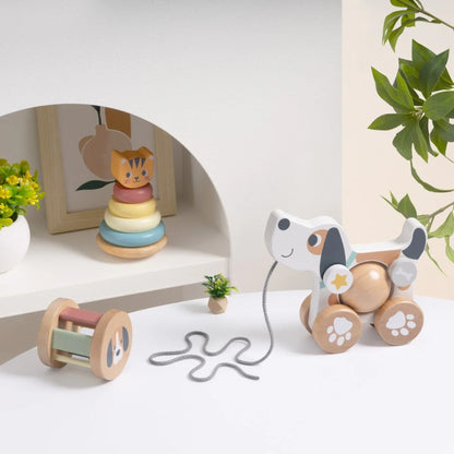 TookyToy - 3-in-1 Wooden Toy Gift Set - Rattle, Stacking Tower and Pull-Along Puppy