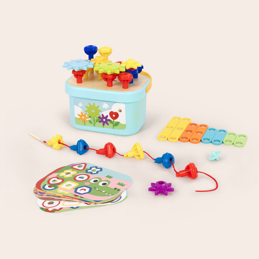 TookyToy - 3-in-1 Activity: Pegs, Gears & Lacing Fine Motor Toy for Kids