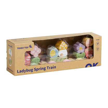 TookyToy - Wooden Ladybug Pull-Along & Stacking Train Toy Set - 15 Pieces