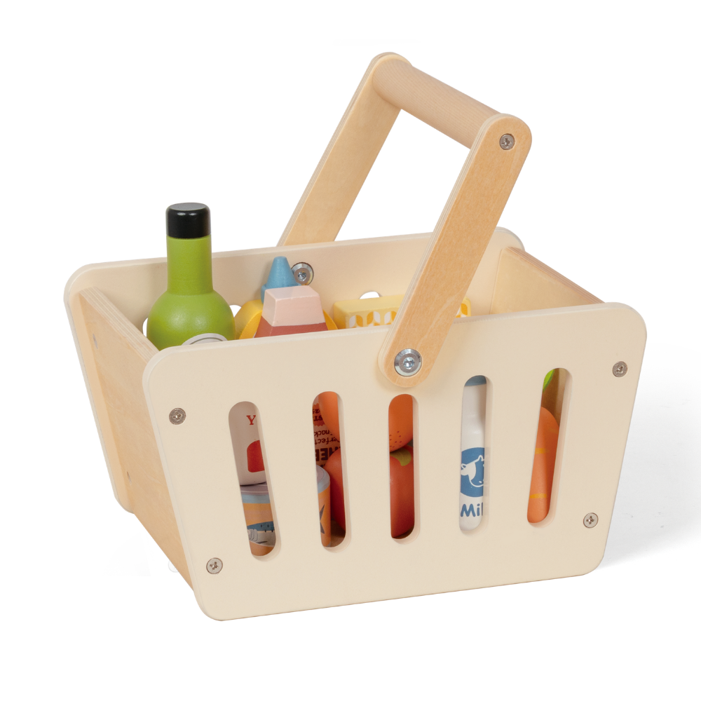TookyToy - Pretend Play Wooden Grocery Basket Toy Set - 16 Pieces