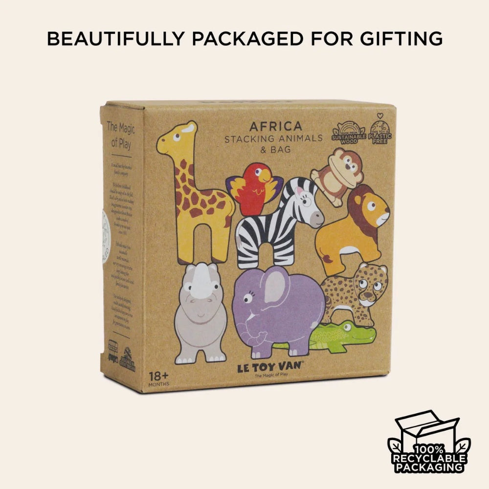 Le Toy Van - Wooden Stacking African Animals & Bag - 10pcs