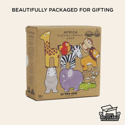 Le Toy Van - Wooden Stacking African Animals & Bag - 10pcs
