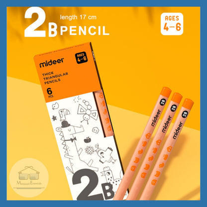 Mideer - Triangular 2B Pencils - 6 Thick Easy Grip Pencils for Early Writing