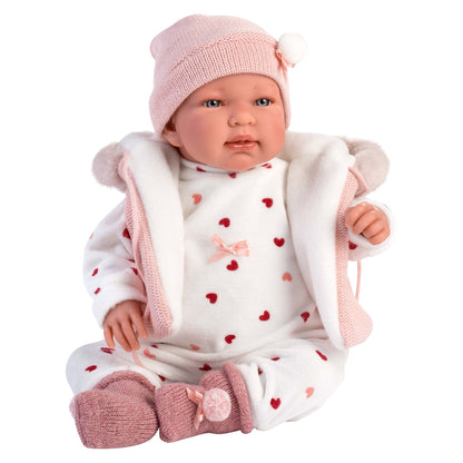 Llorens - Newborn Baby Girl Doll with Crying Mechanism, Pink Romper & Accessories: Tina - 44cm - Motherhood