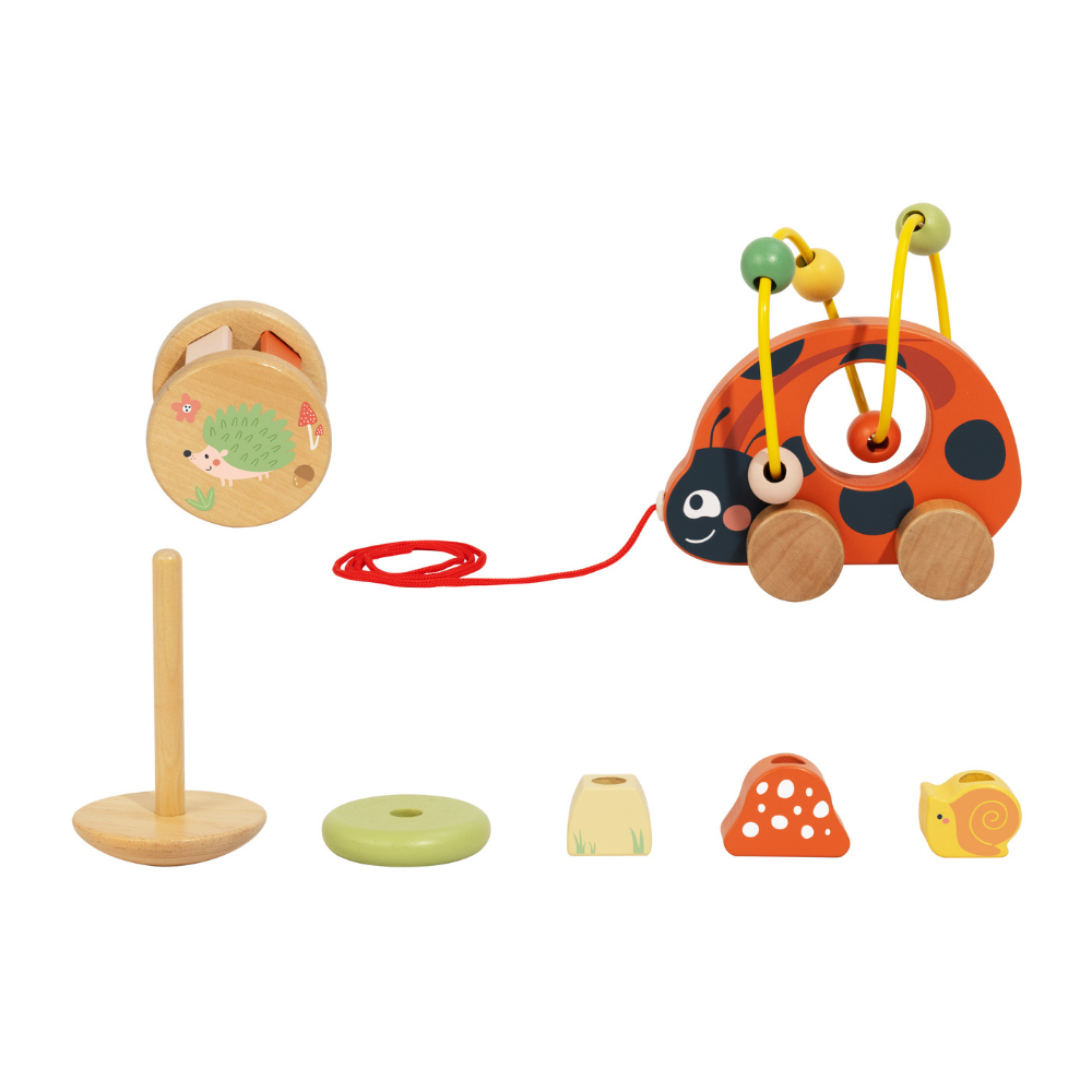 TookyToy - 3-in-1 Wooden Toy Gift Set: Ladybug Pull-Along, Rattle and Stacking