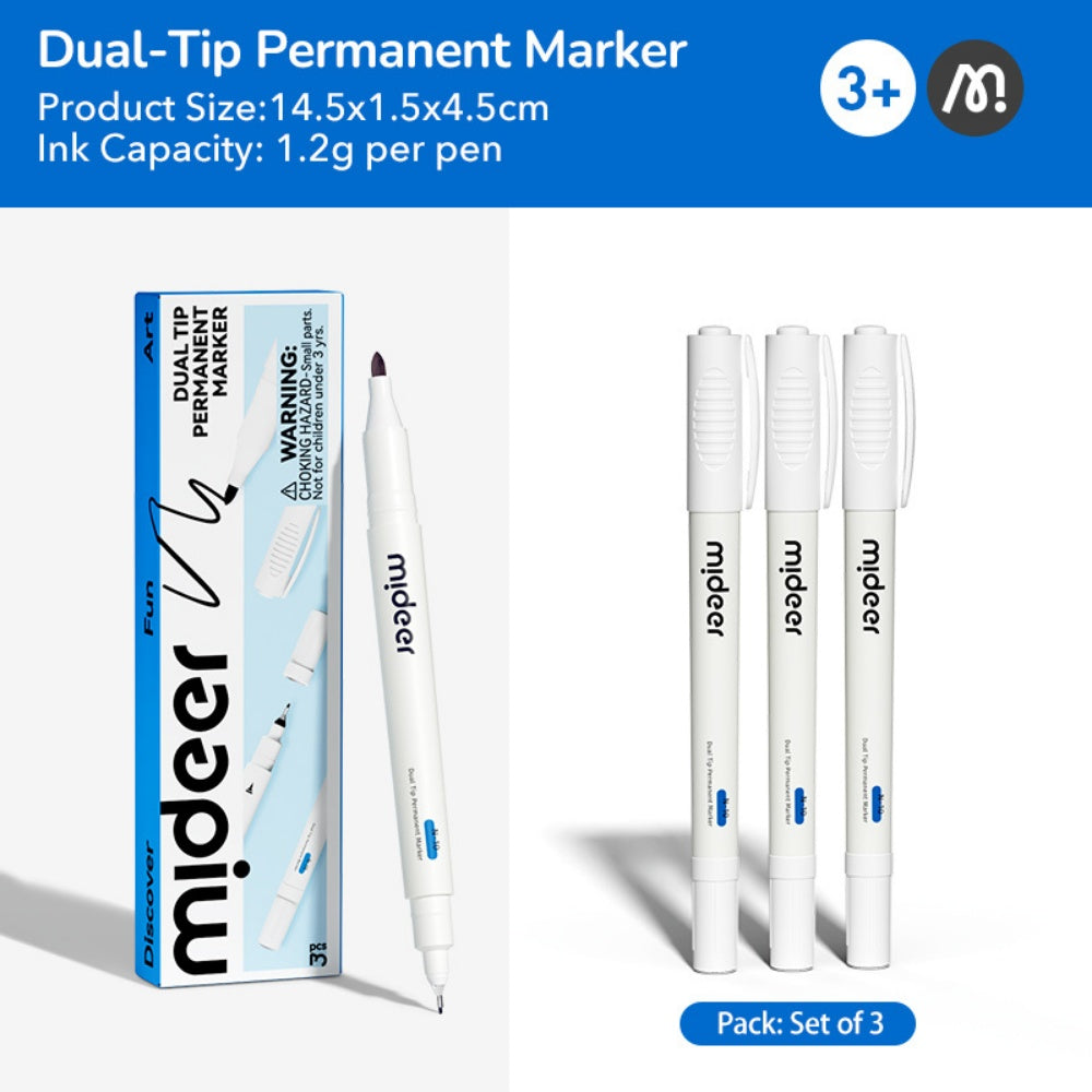 Mideer - Dual-Tip Permanent Markers Fine & Broad Waterproof 3 Pack