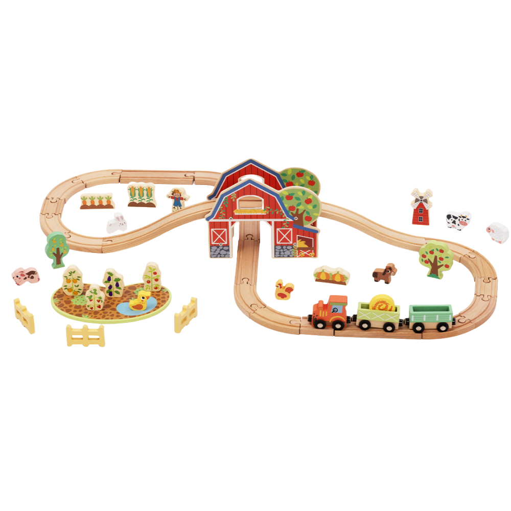 TookyToy - Wooden Farm Train Track Set - 50 Pieces