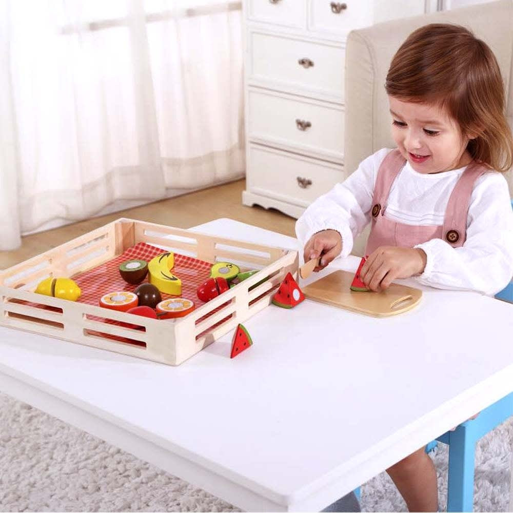 TookyToy - Pretend Play Wooden Cutting Fruit Picnic Toy Set