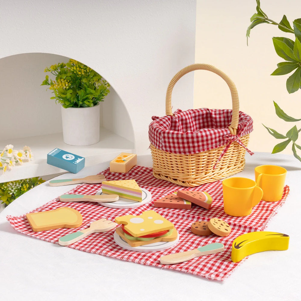 TookyToy - Pretend Play Wooden Picnic Basket Toy Set