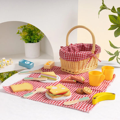 TookyToy - Pretend Play Wooden Picnic Basket Toy Set