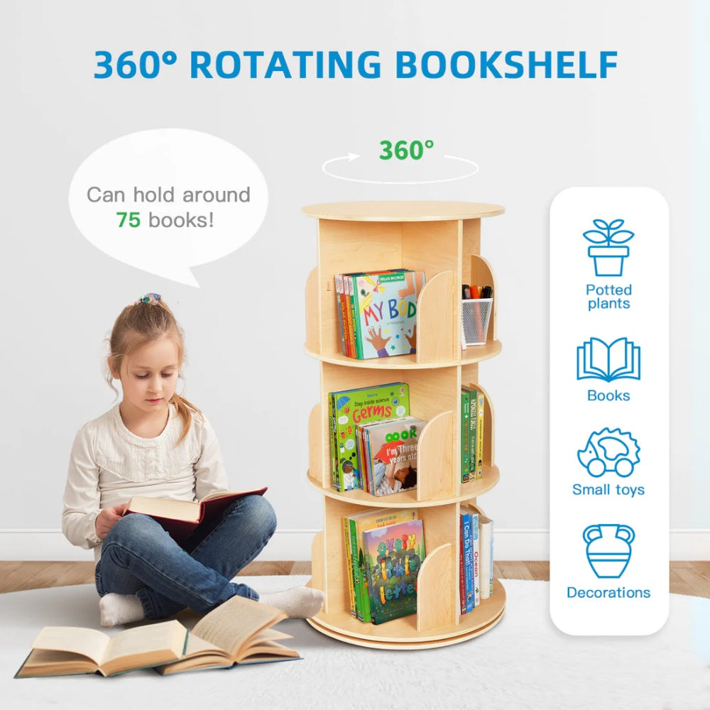 TookyToy - Wooden Rotating Bookshelf, Standing Bookcase for Kids Room