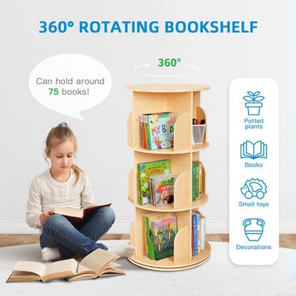 TookyToy - Wooden Rotating Bookshelf, Standing Bookcase for Kids Room
