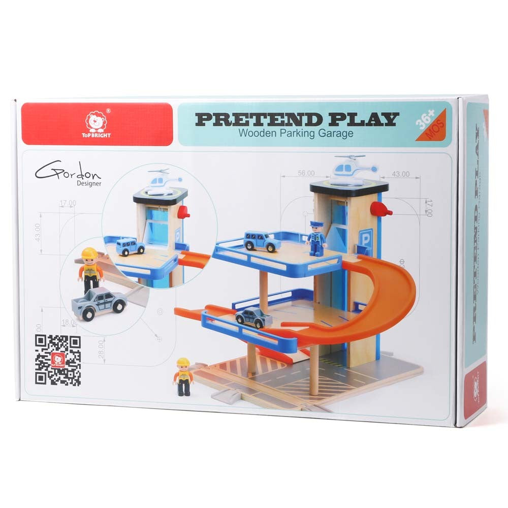 TopBright - Wooden Parking Garage Playset - 3-Level Car Ramp Toy with Cars