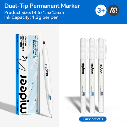 Mideer - Dual-Tip Permanent Markers Fine & Broad Waterproof 3 Pack