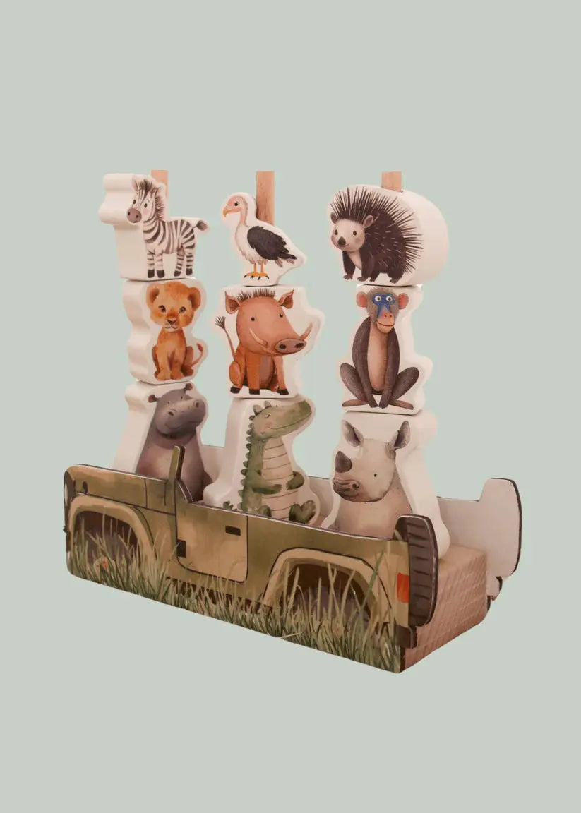 Animal Stacking Toy – On Safari Wooden Sorting Set for Kids Grow Baby