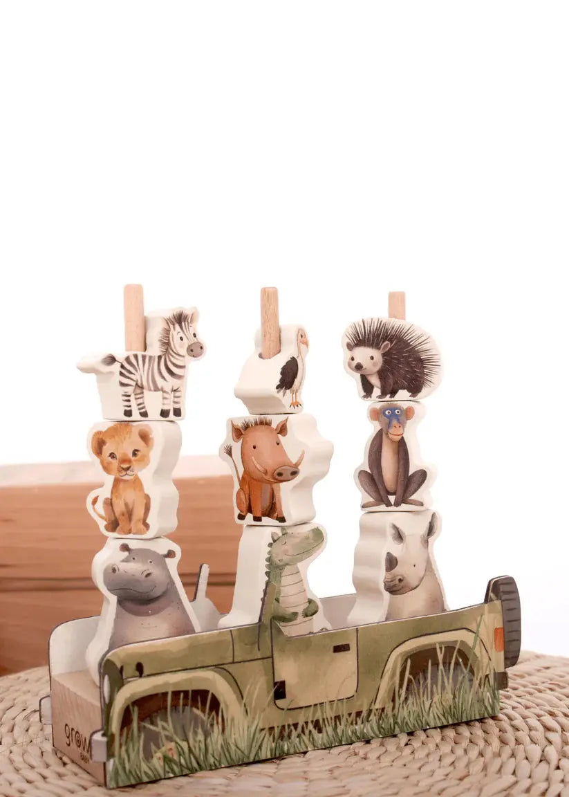 Animal Stacking Toy – On Safari Wooden Sorting Set for Kids Grow Baby