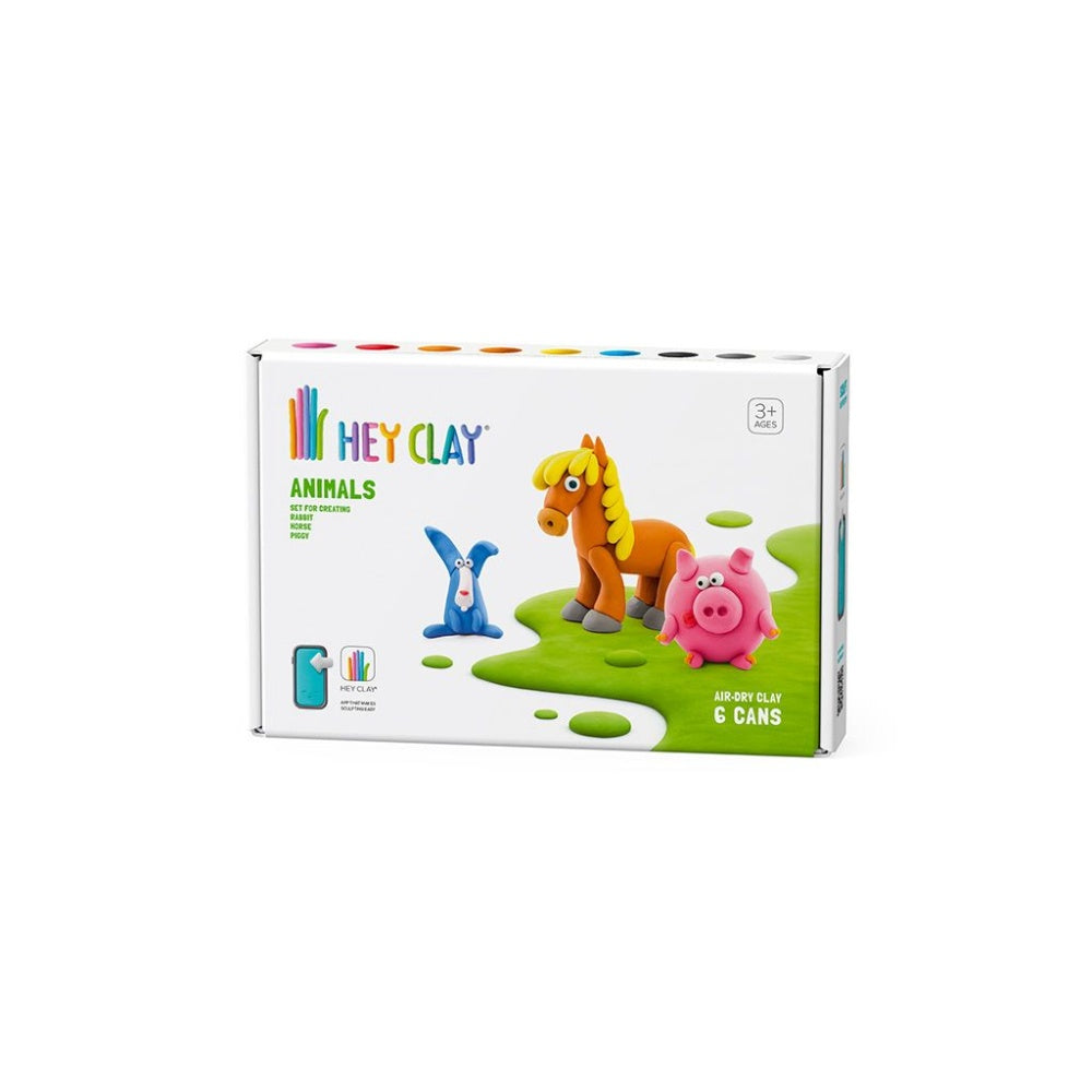 Hey Clay - Modelling Air-Dry Clay with Fun Interactive App - Piggy, Horse, Rabbit, Series Animals, 6 cans