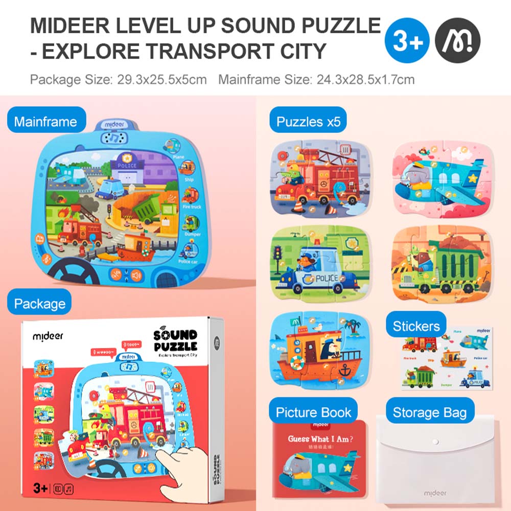 Mideer - Level Up Interactive Sounds Puzzles - 5-in-1 - Transport City
