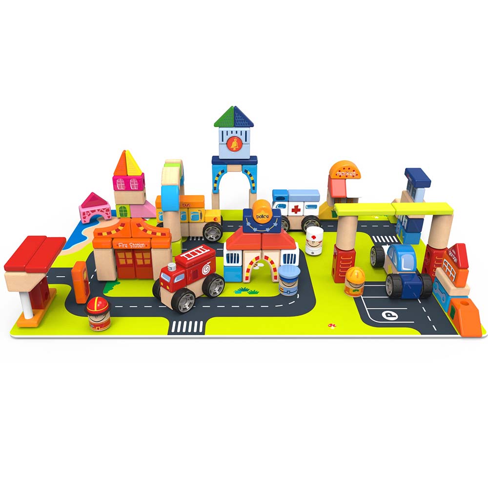 TopBright - TopBright Wooden City Building Blocks Play Set & Road Mat 126pcs