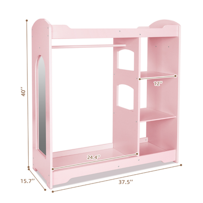 TookyToy - Wooden Kids Wardrobe and Dress Up Storage Unit with Mirror