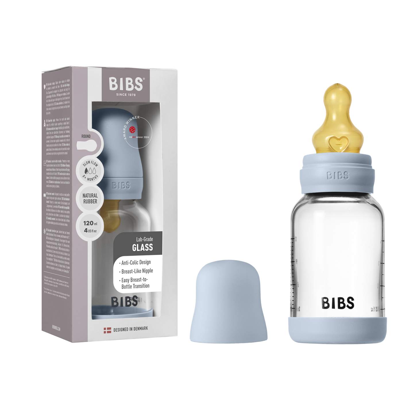 BIBS Glass Baby Bottle Round Latex 120 ml