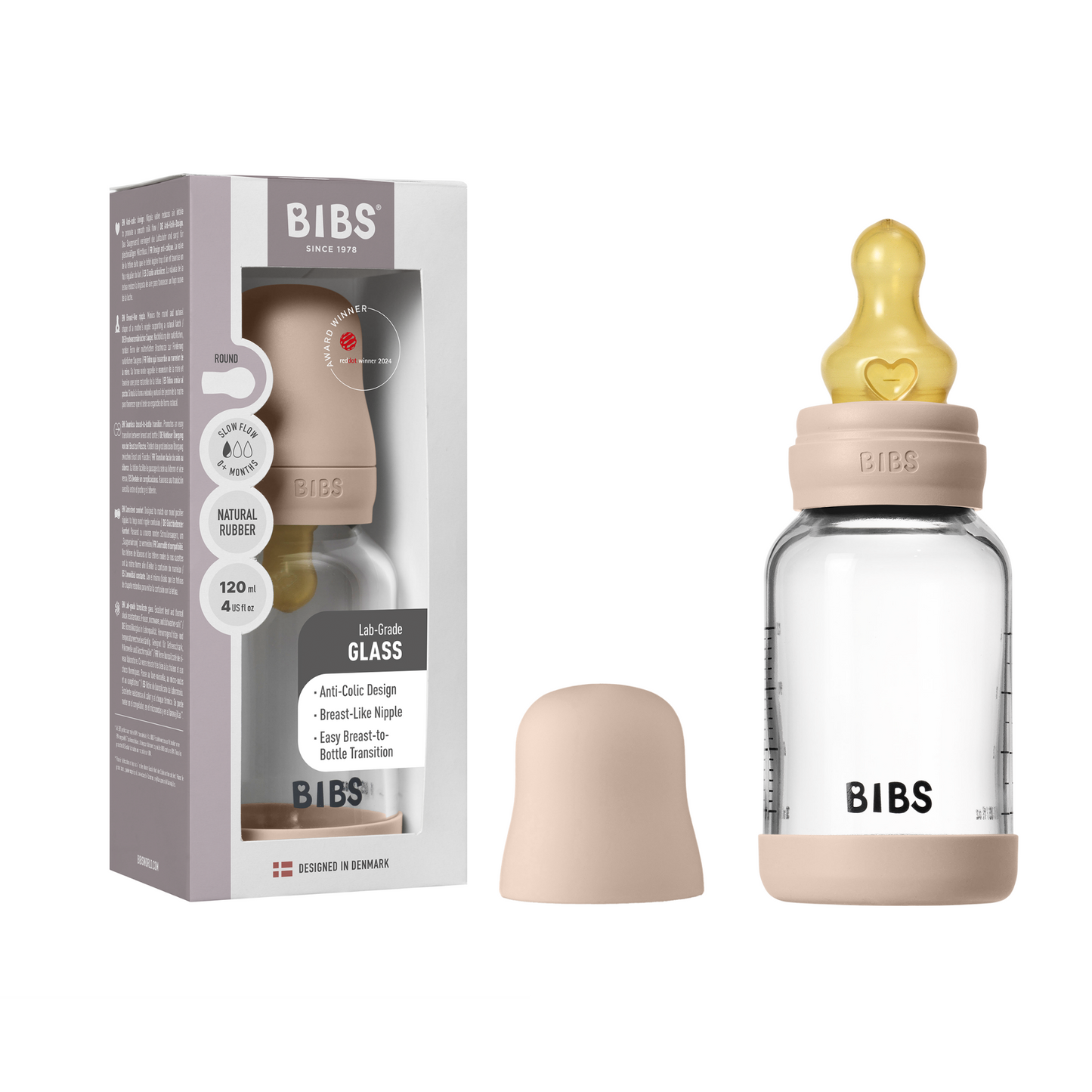 BIBS Glass Baby Bottle Round Latex 120 ml