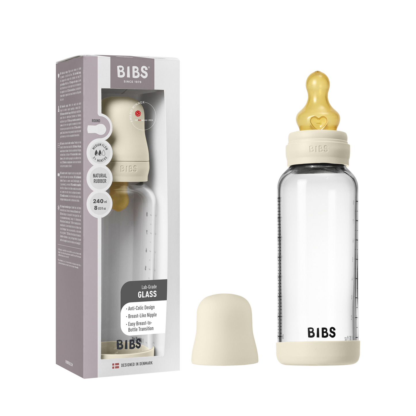 BIBS Glass Baby Bottle Round Latex 240 ml
