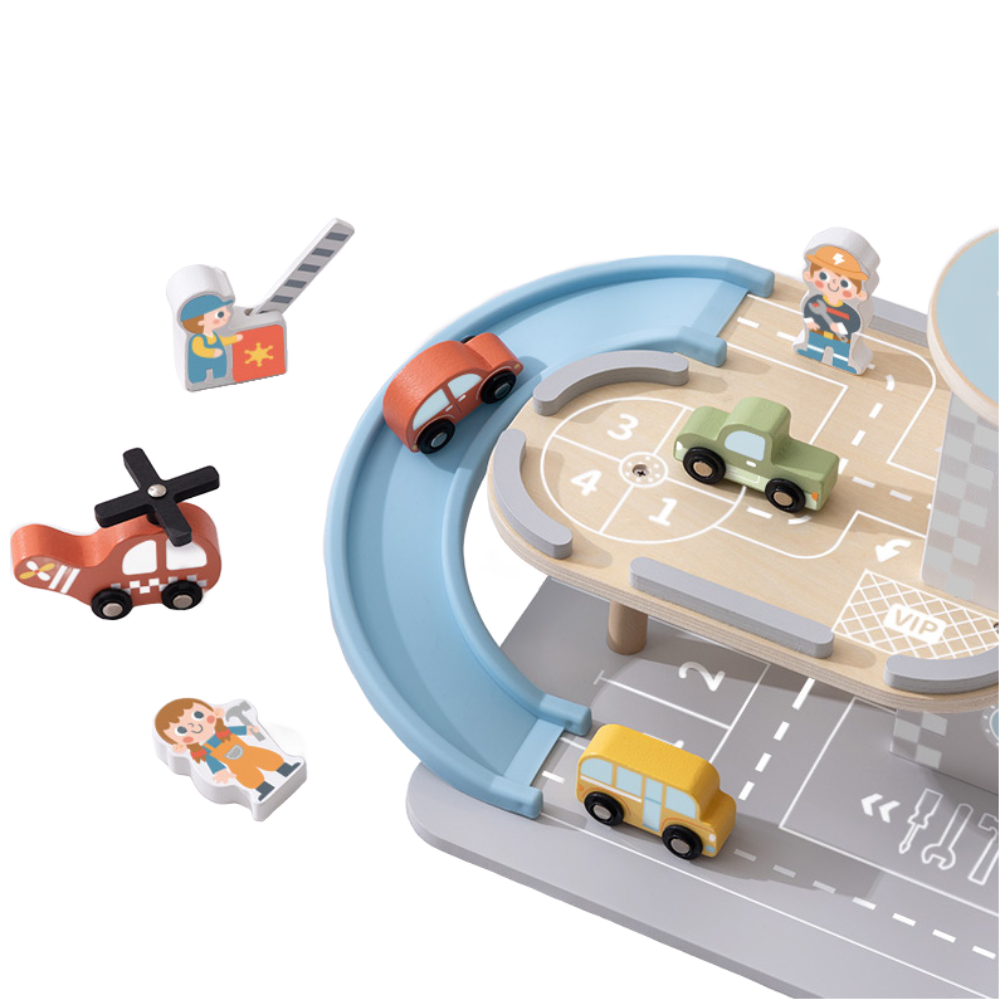 TookyToy - Parking Garage: Wooden Car Ramp Playset - 13pcs