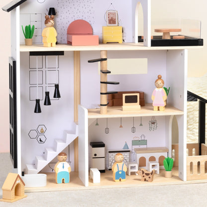 TookyToy - Wooden Dollhouse Toy Set with Furniture and Accessories