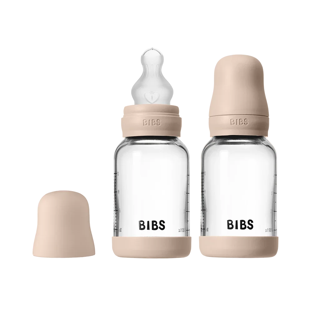 BIBS Glass Baby Bottle Round Silicone 120ml 2 Pack Blush