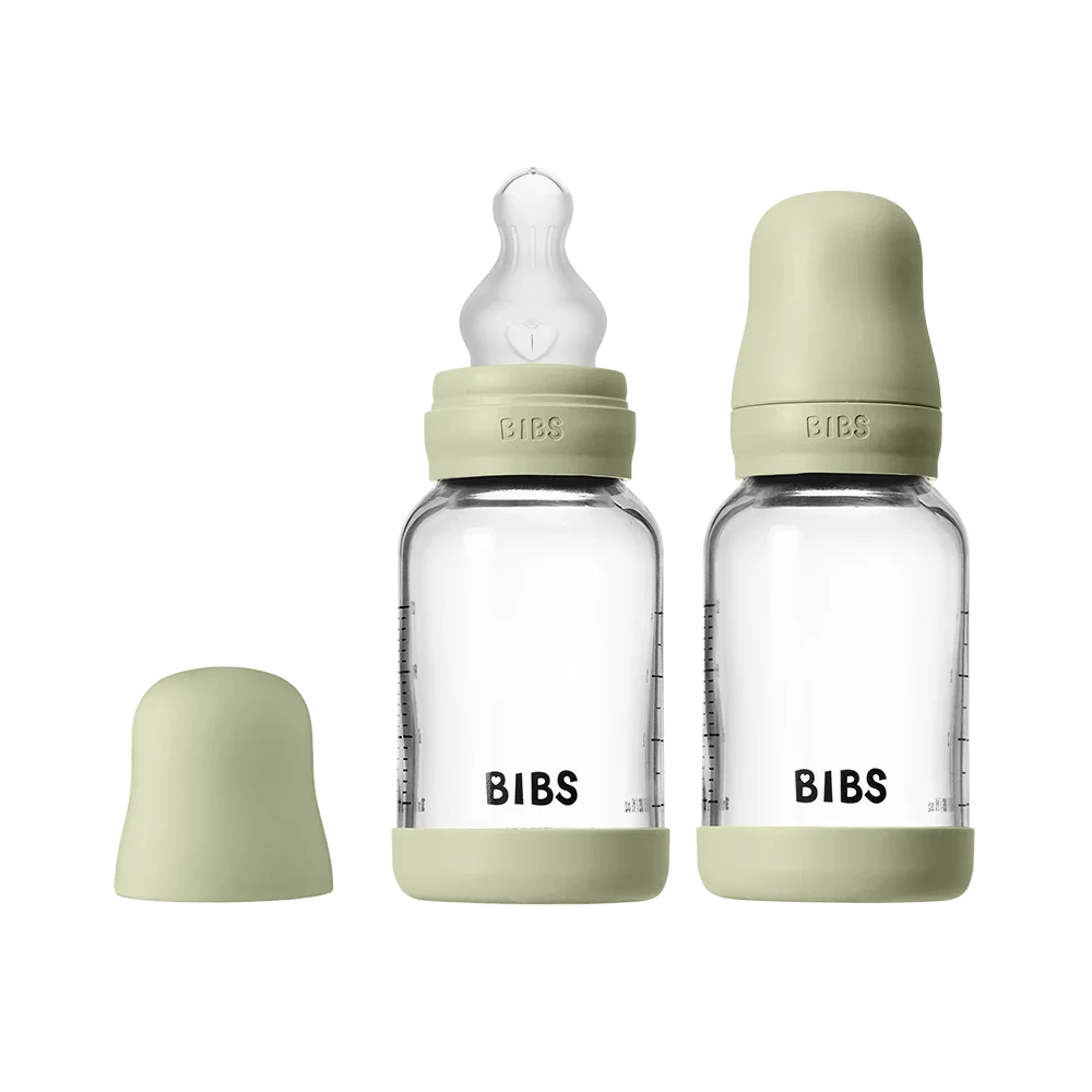 BIBS Glass Baby Bottle Round Silicone 120ml 2 Pack Sage