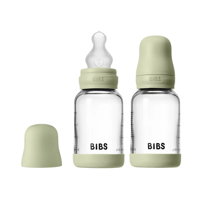 BIBS Glass Baby Bottle Round Silicone 120ml 2 Pack Sage